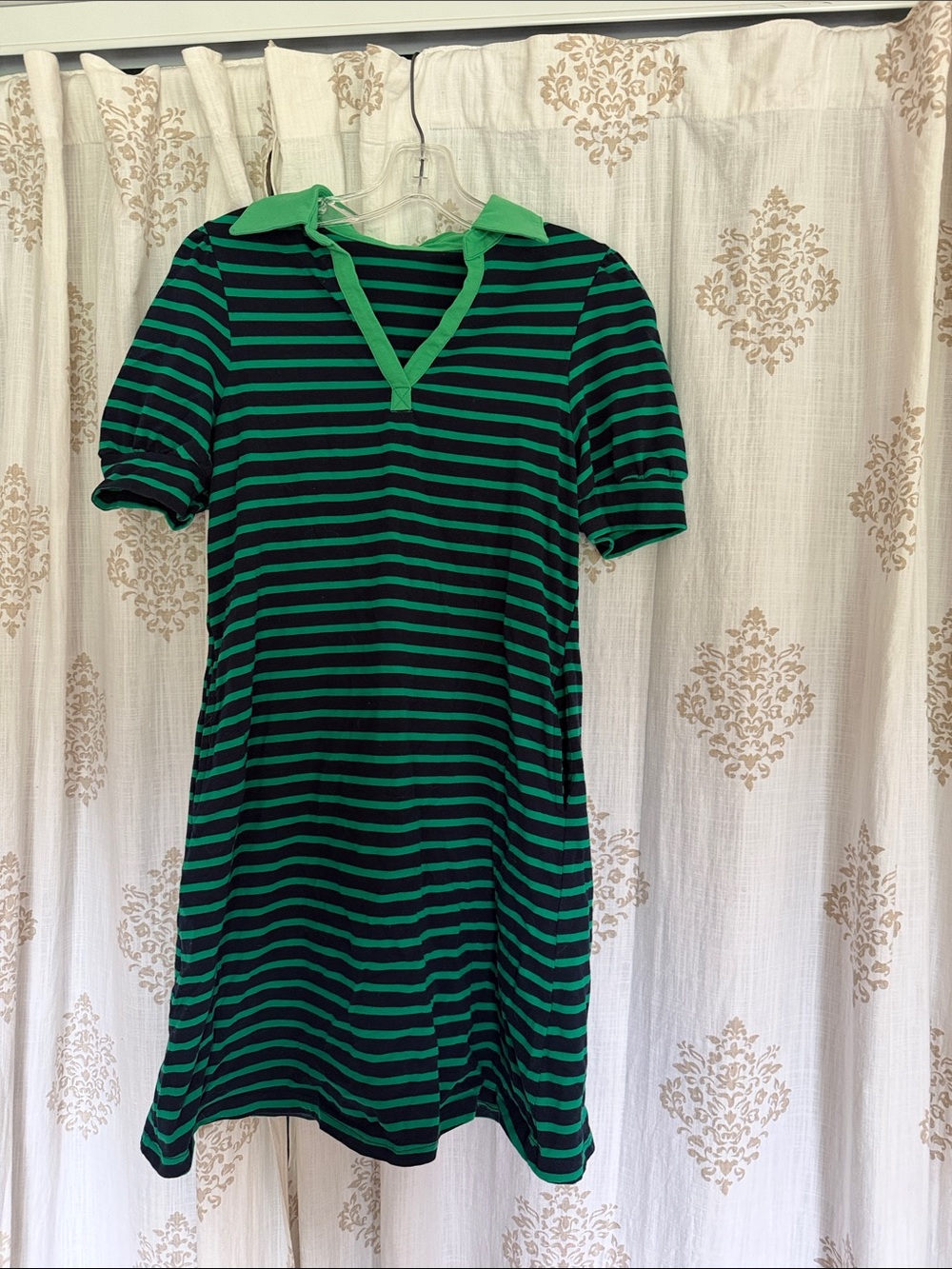 Green and Navy Striped Polo Dress - Women's Casual Short Sleeve